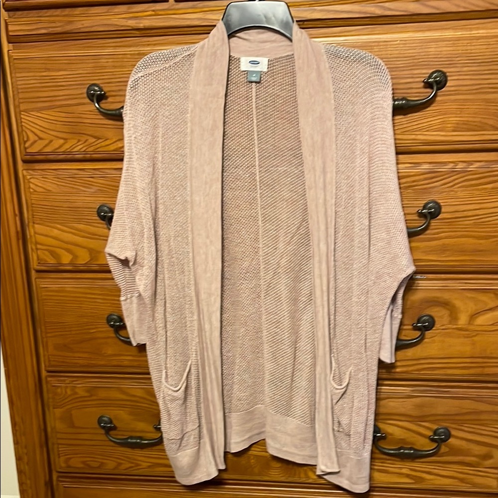 Tan open front cardigan with short sleeves and shawl collar